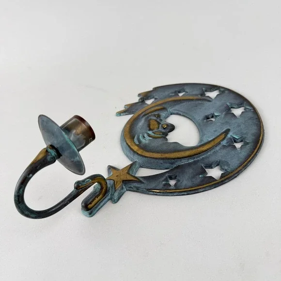 PartyLite Moon and Stars Wall Sconce Candle Holder Verdigris Patina Vintage 8.5" - Picture 2 of 8